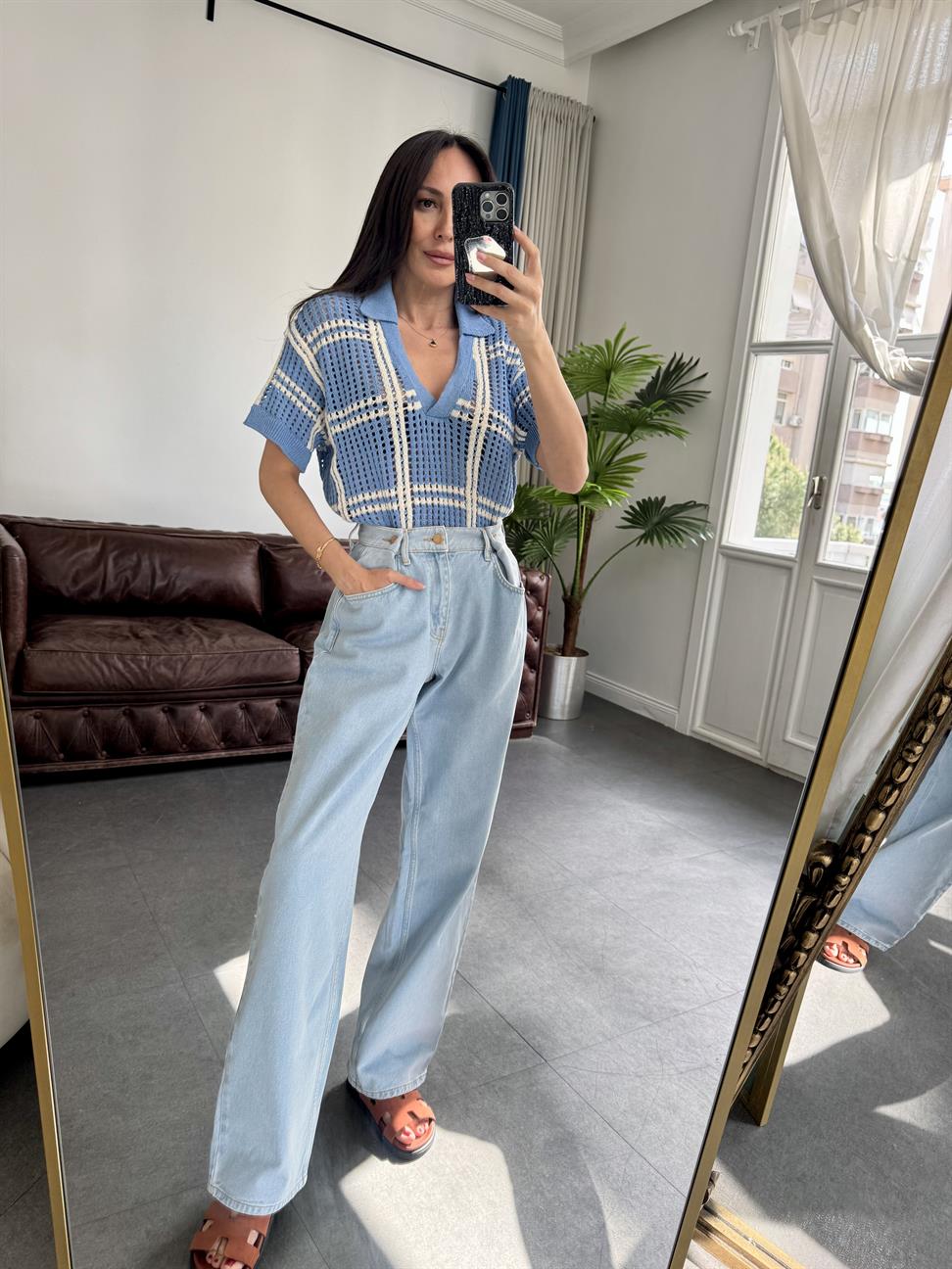 Mavi Kısa Kol Delikli Triko Bluz