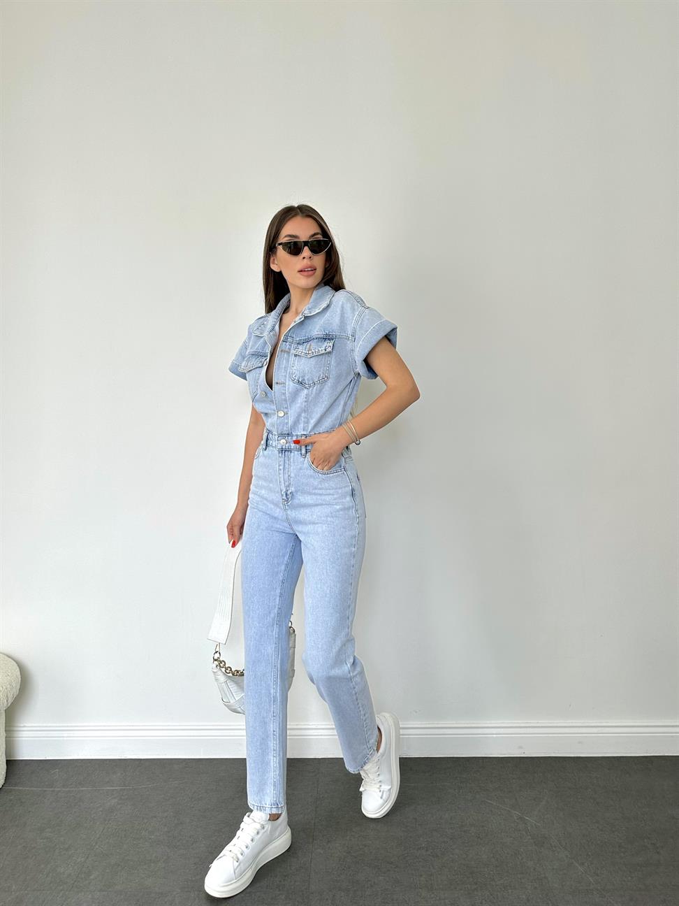 Mavi Kısa Kollu Kar Yıkama Tulum