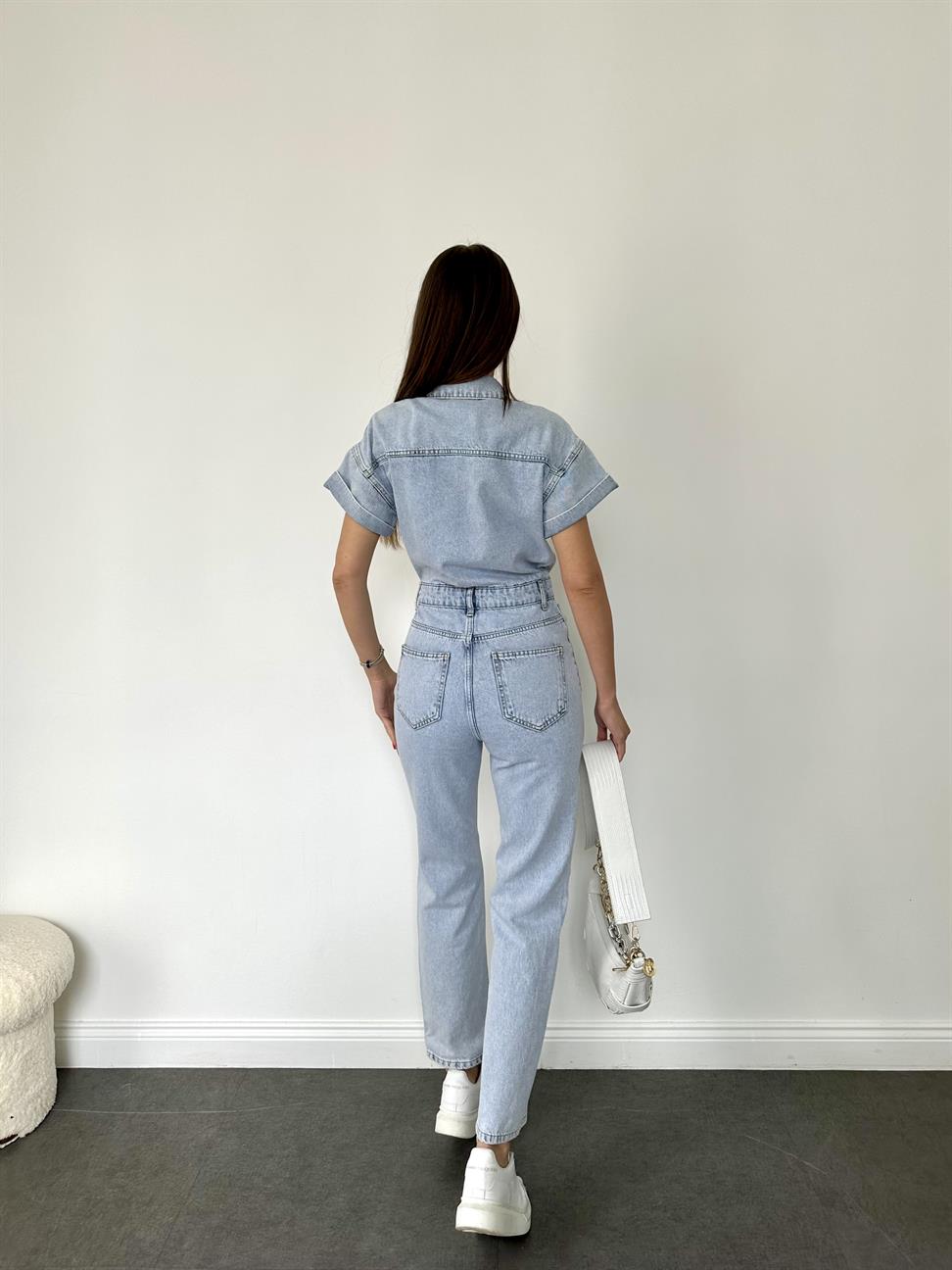 Mavi Kısa Kollu Kar Yıkama Tulum