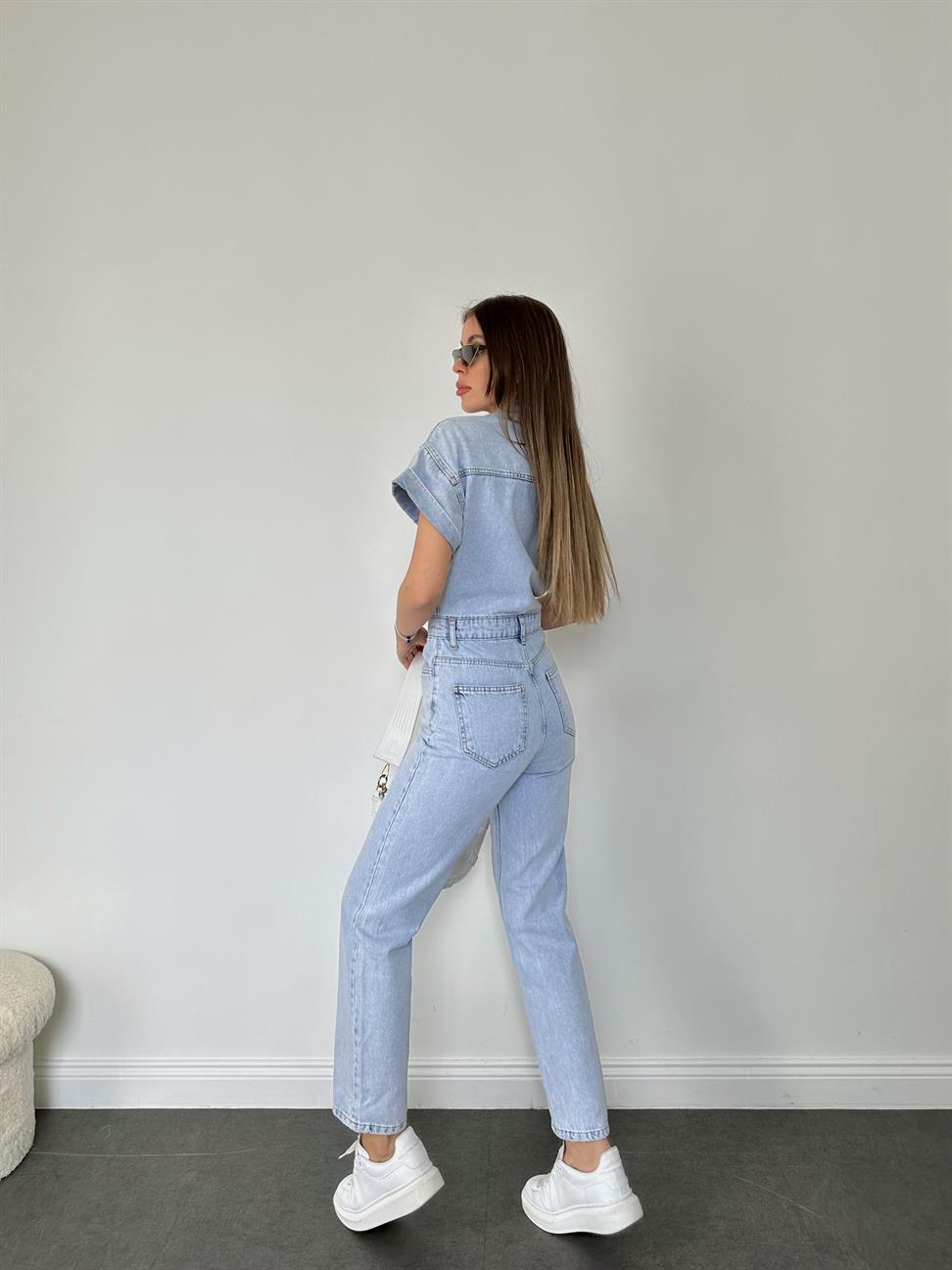 Mavi Kısa Kollu Kar Yıkama Tulum