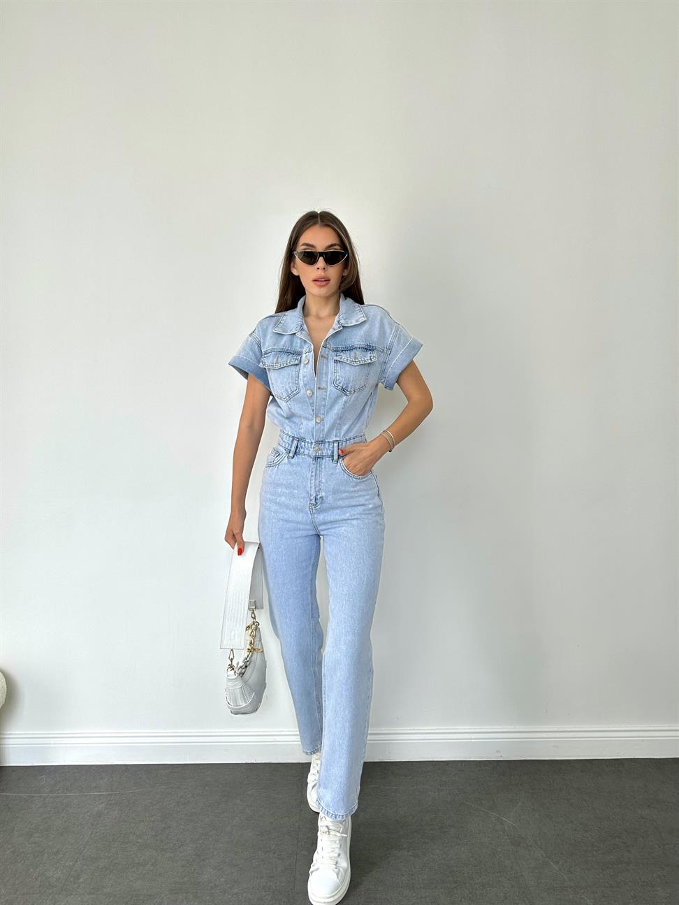 Mavi Kısa Kollu Kar Yıkama Tulum