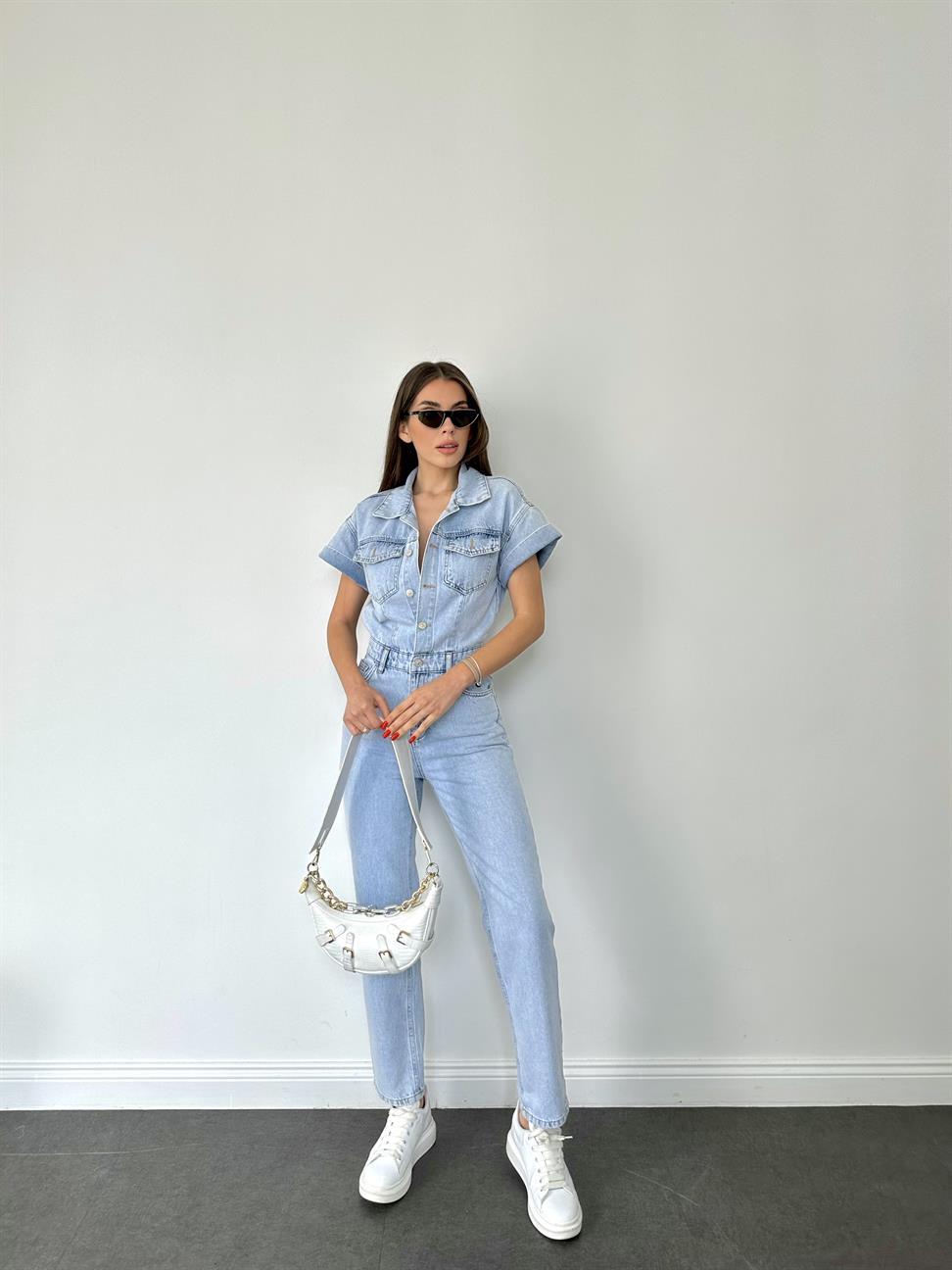 Mavi Kısa Kollu Kar Yıkama Tulum