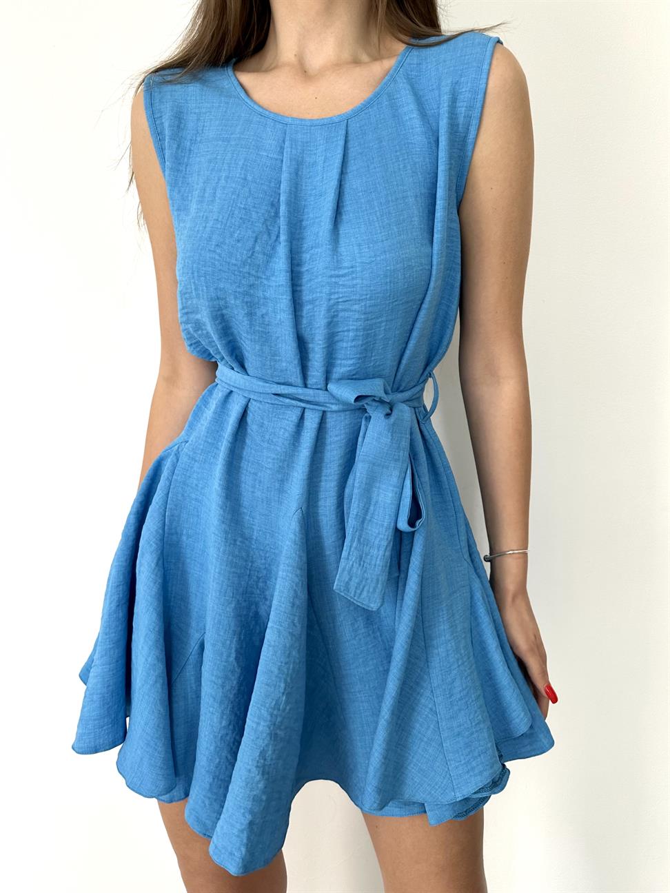 Mavi Kolsuz Kuşaklı Elbise