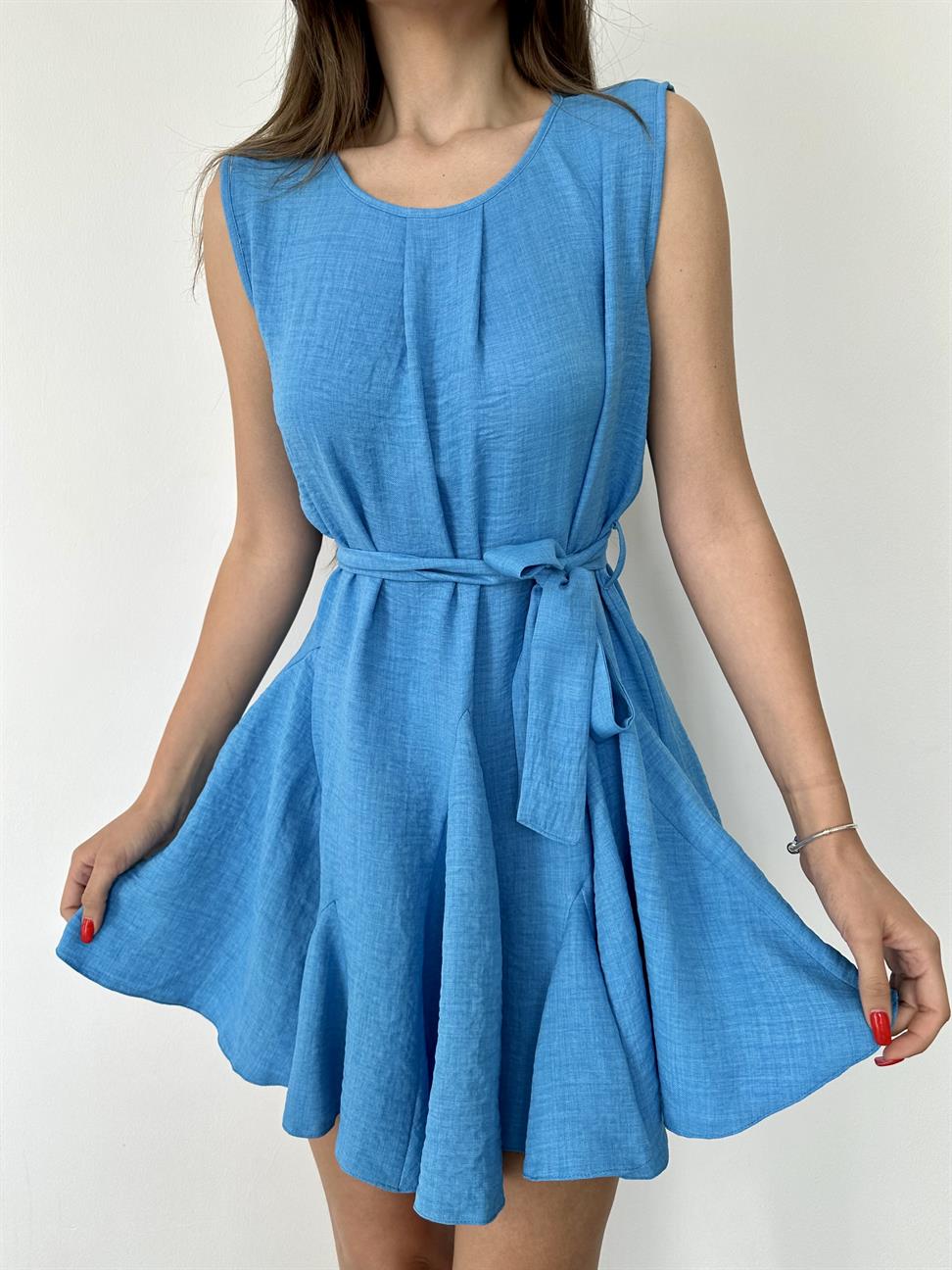 Mavi Kolsuz Kuşaklı Elbise