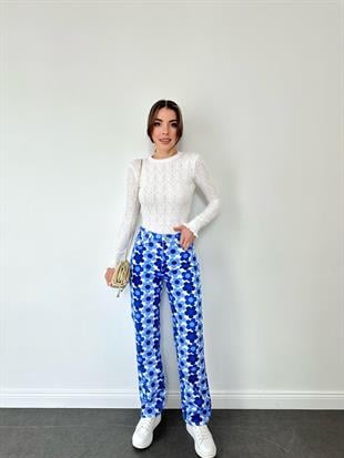 Mavi Papatya Desen Boru Paça Jean