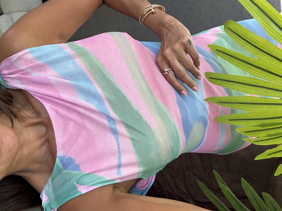 Mavi-Pembe Renkli Kolsuz Elbise