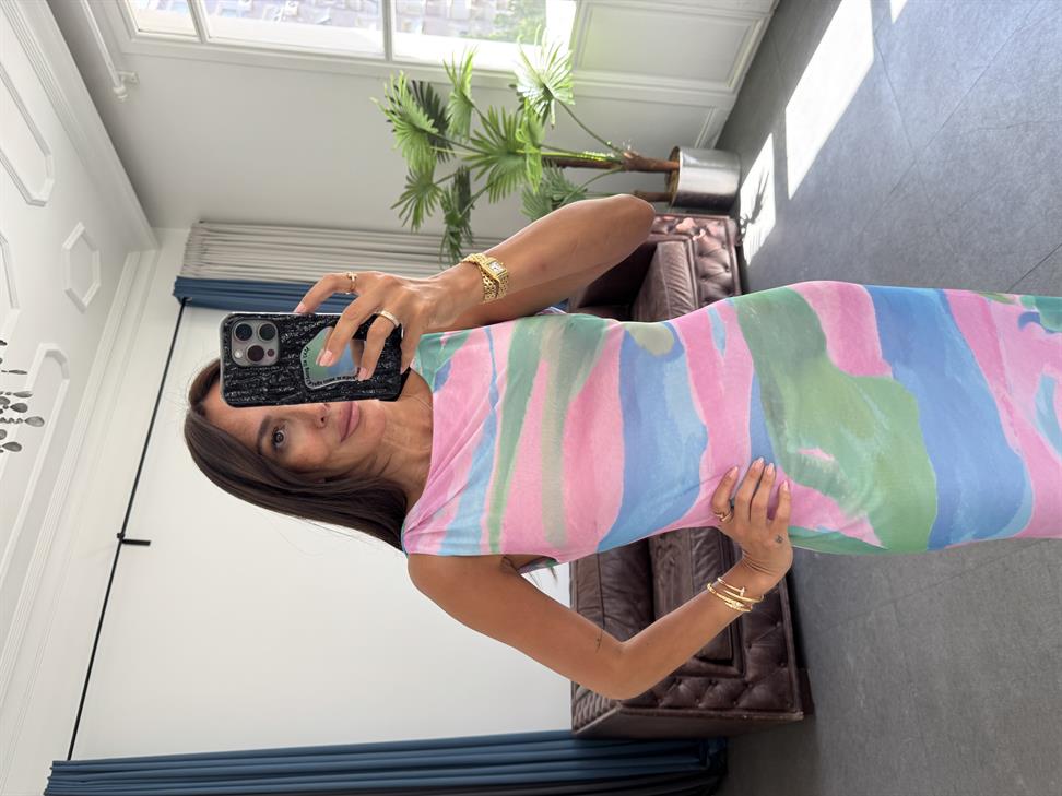 Mavi-Pembe Renkli Kolsuz Elbise