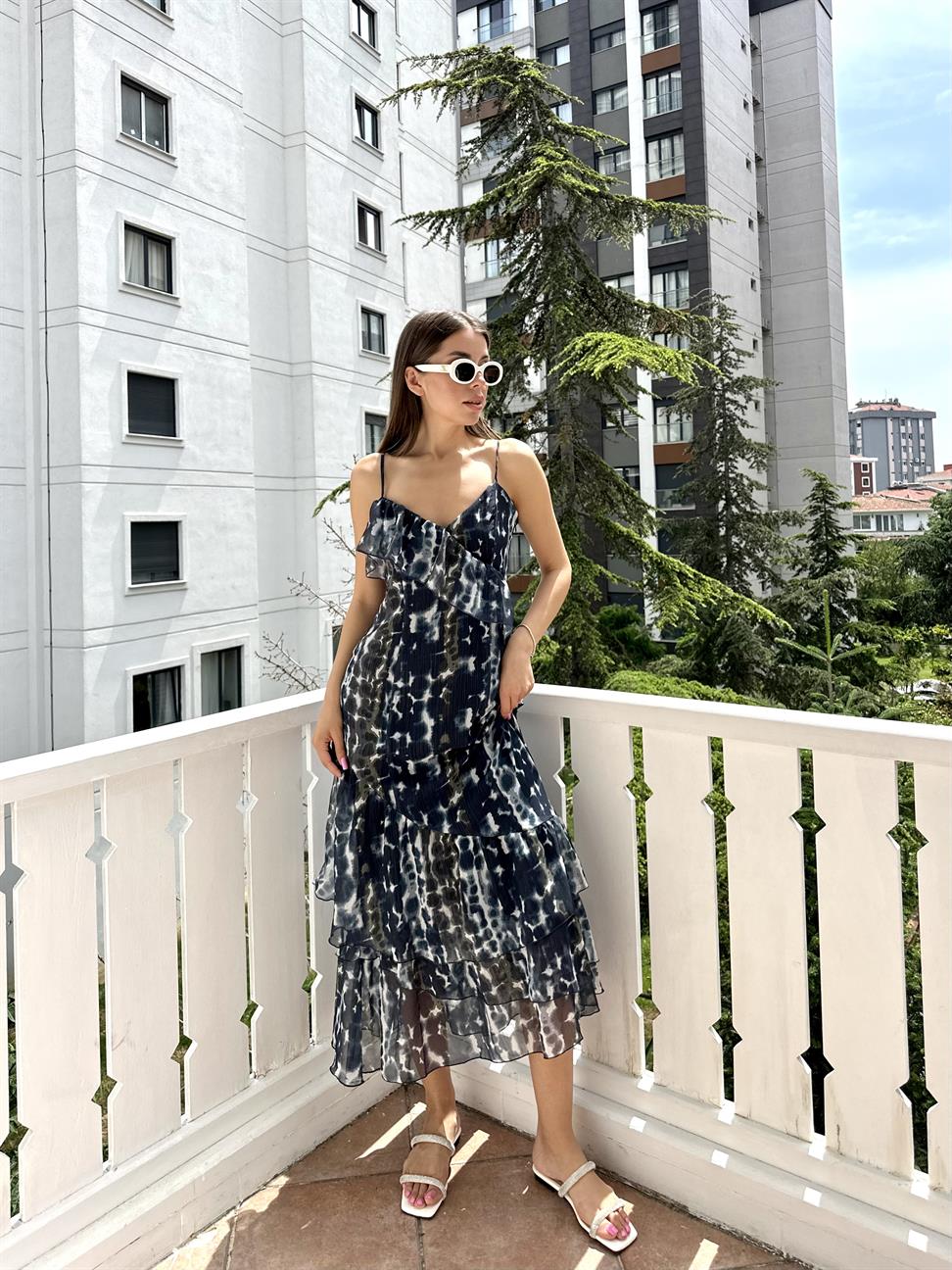 Mavi Şifon Kumaş İp Askılı Elbise