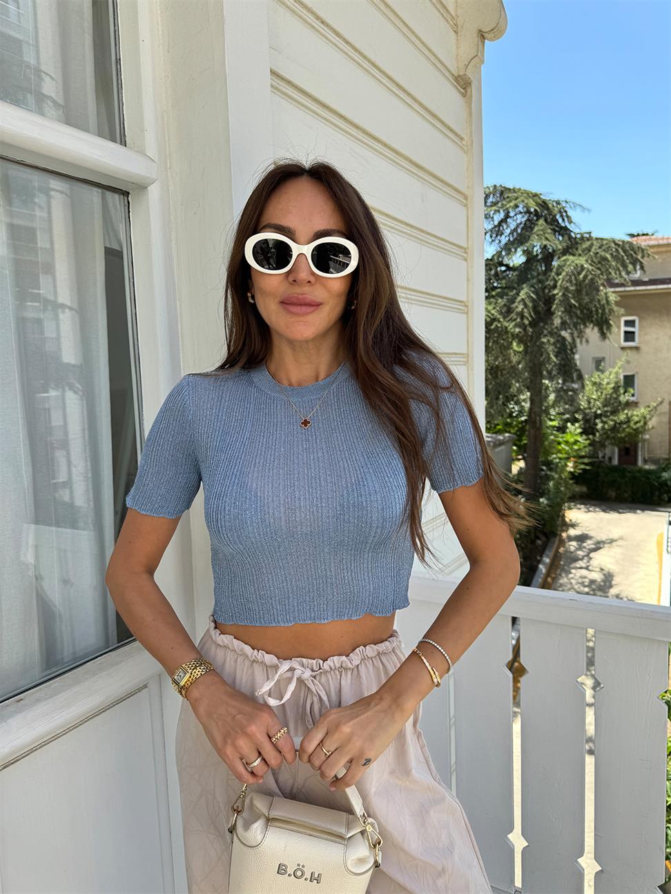 Mavi Simli Crop Bluz