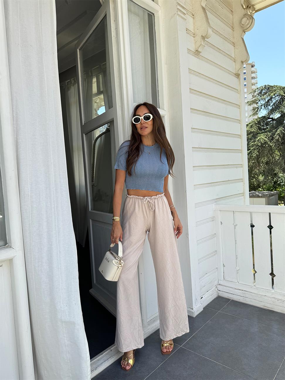 Mavi Simli Crop Bluz