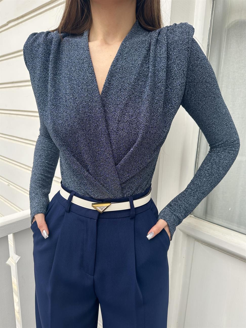 Mavi Simli Vatkalı Bodysuit