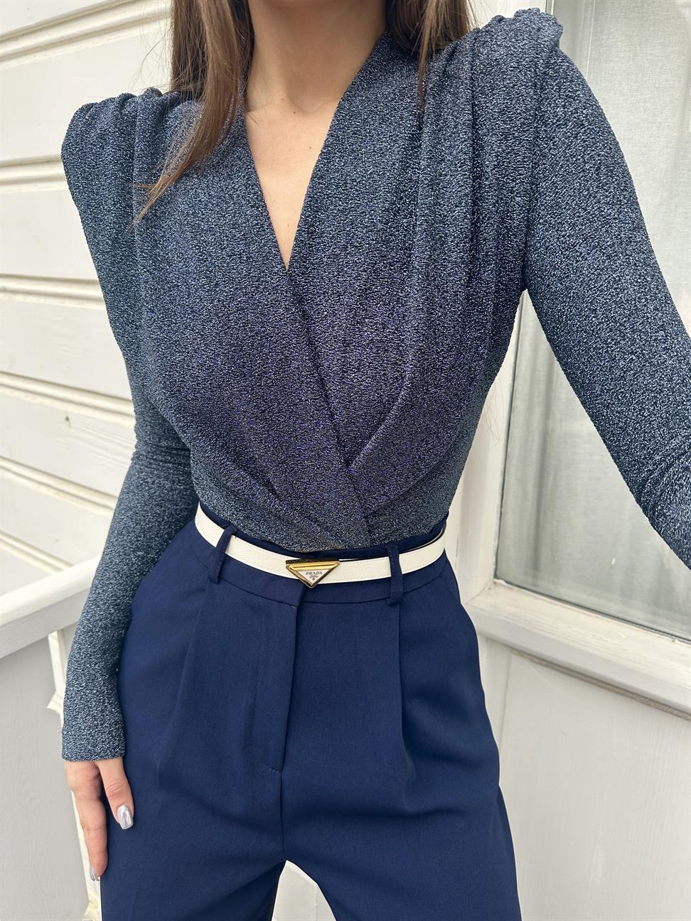 Mavi Simli Vatkalı Bodysuit