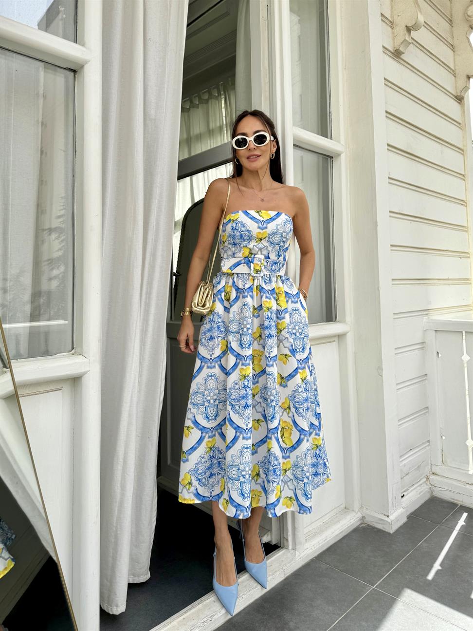 Mavi Straplez Kemerli A Kesim Elbise