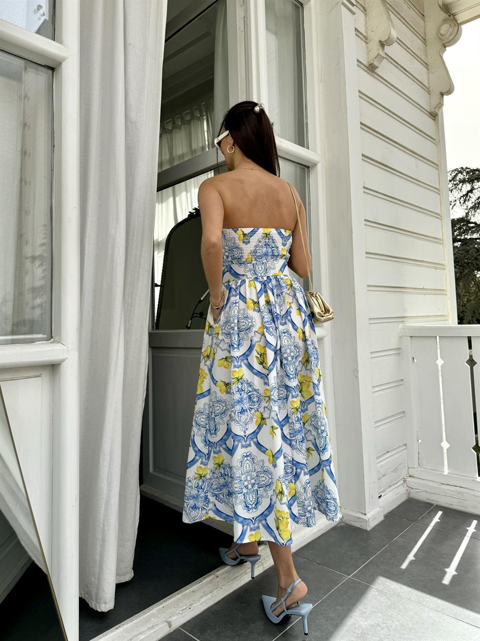 Mavi Straplez Kemerli A Kesim Elbise