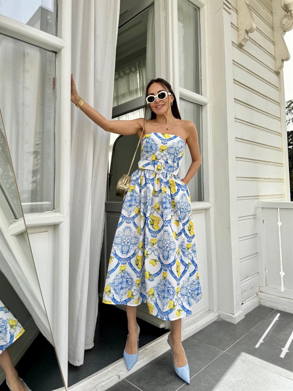 Mavi Straplez Kemerli A Kesim Elbise