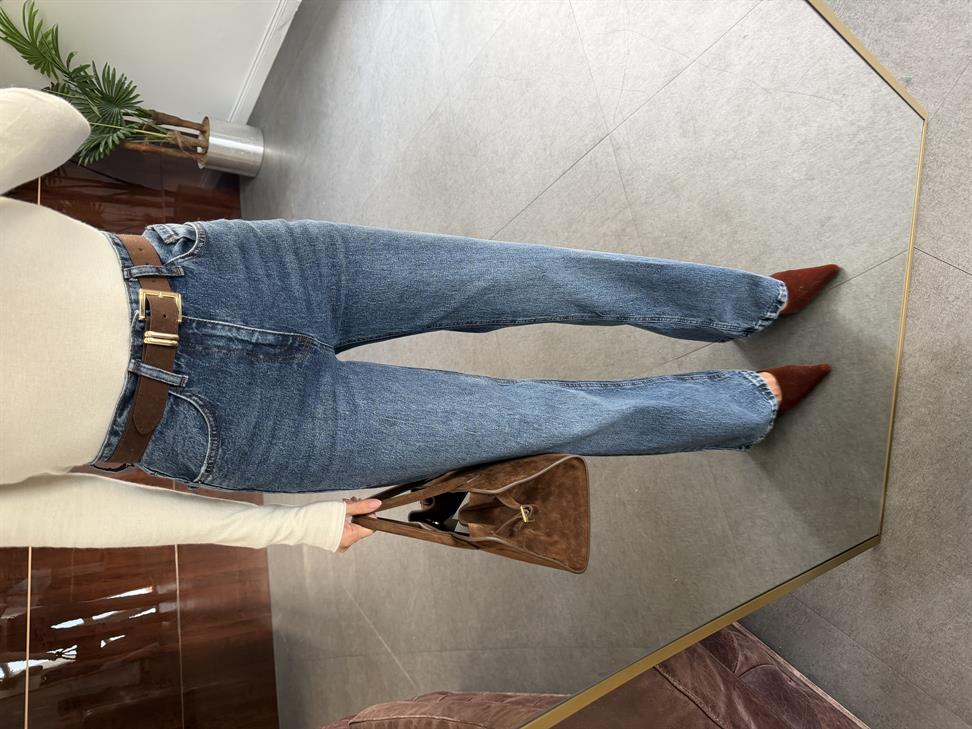 Mavi Süet Kemerli Wide-Leg Jean Pantolon