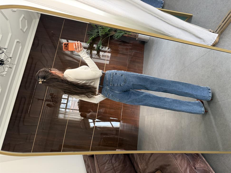 Mavi Süet Kemerli Wide-Leg Jean Pantolon