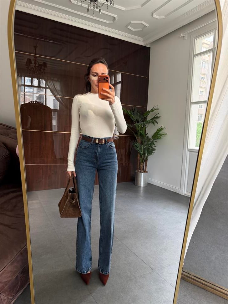 Mavi Süet Kemerli Wide-Leg Jean Pantolon