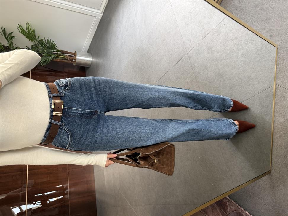 Mavi Süet Kemerli Wide-Leg Jean Pantolon