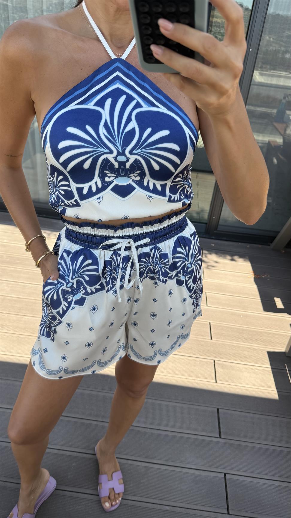 Mavi Sunset Saten Takım