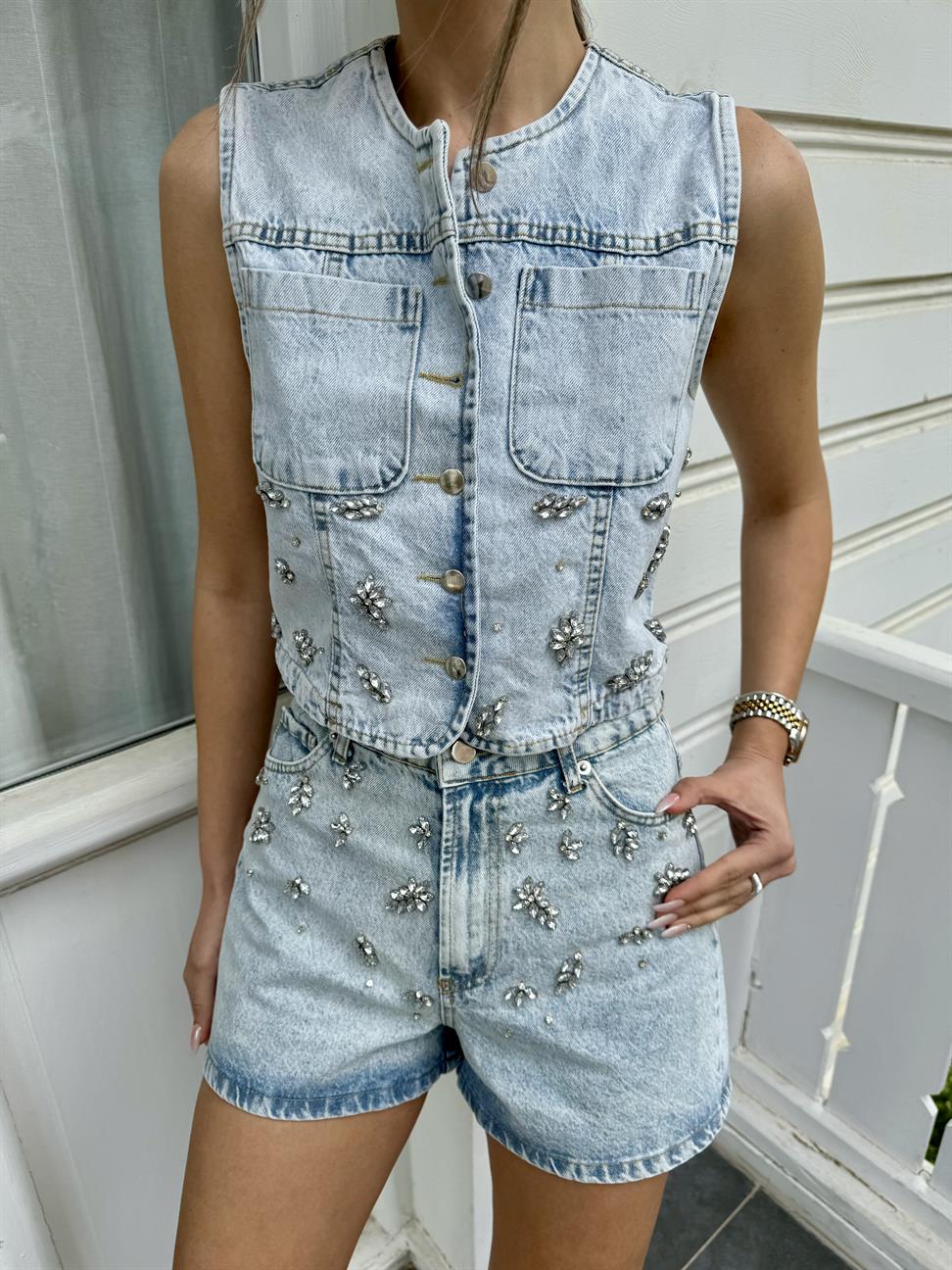 Mavi Taş İşlemeli Yelek Şort Takım