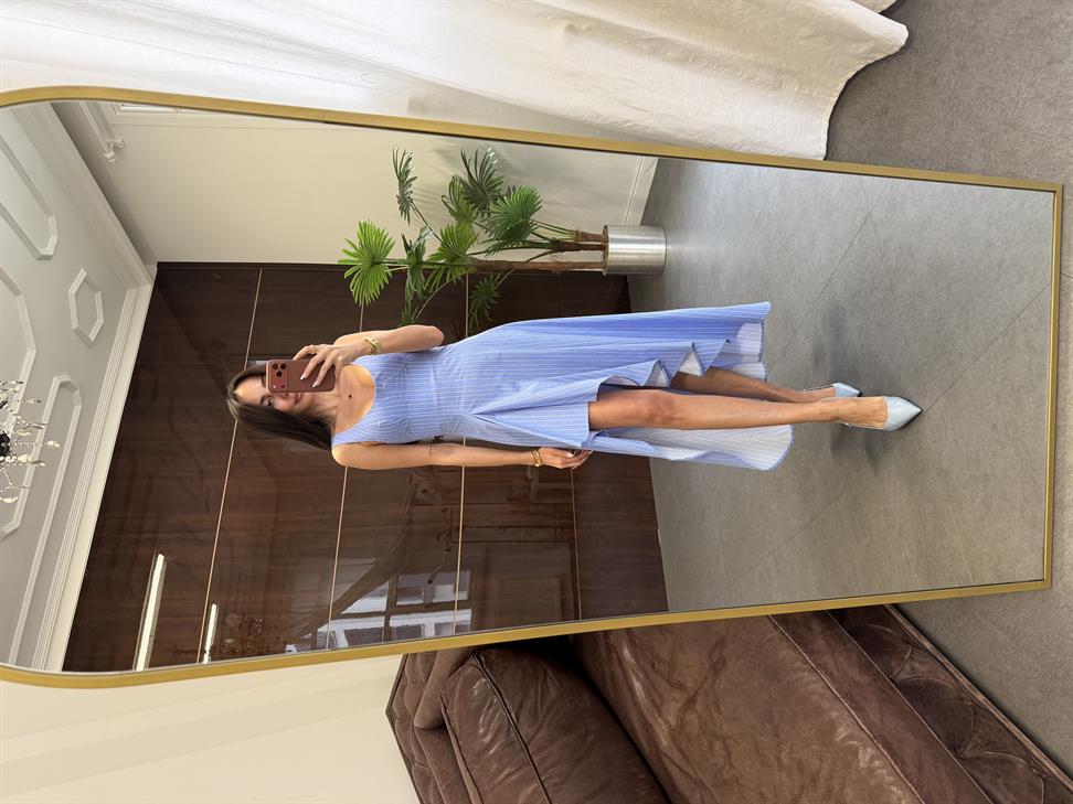 Mavi Tasarım Çizgili Midi Boy Elbise