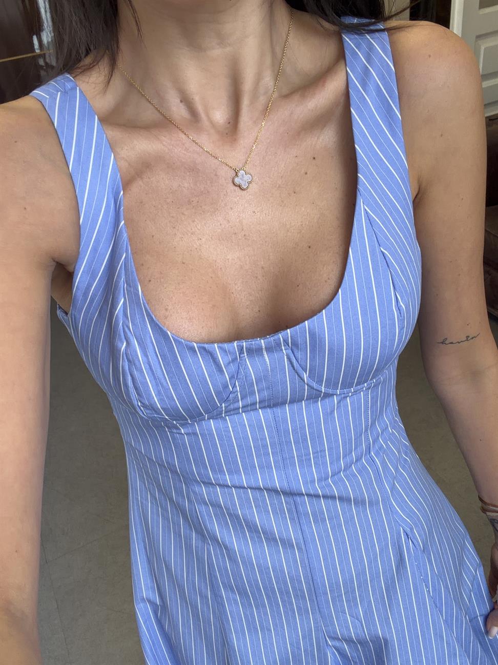 Mavi Tasarım Çizgili Midi Boy Elbise