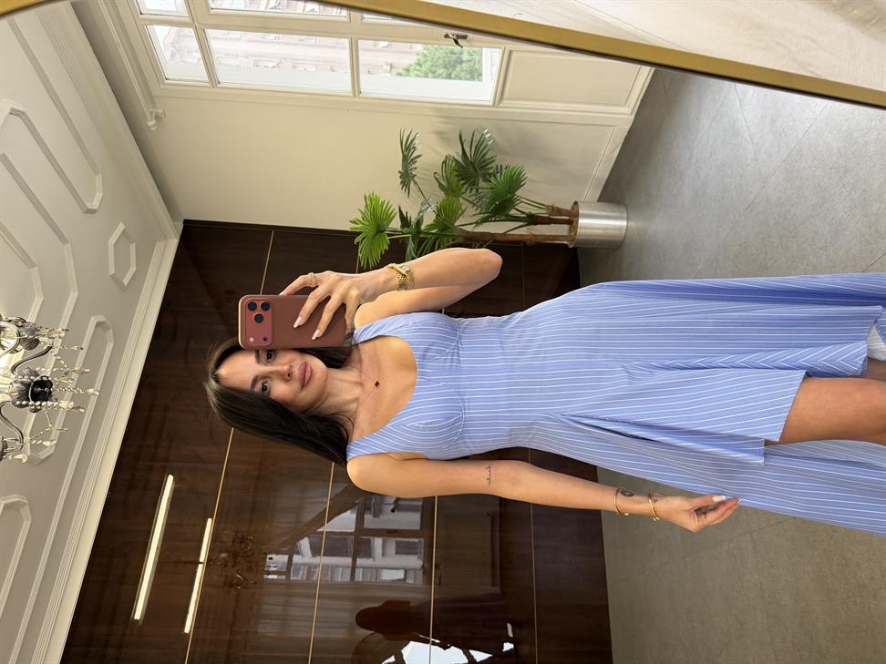 Mavi Tasarım Çizgili Midi Boy Elbise