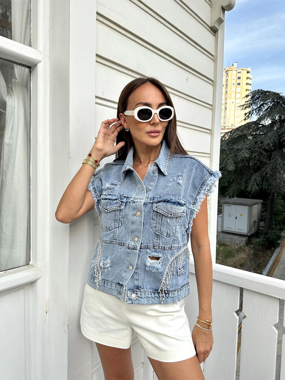 Mavi Taşlı Kot Yelek