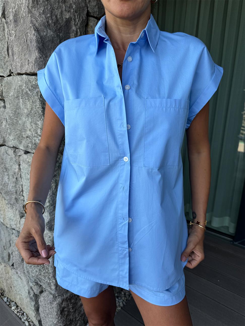 Mavi Taşlı Kuşak Şort Takım