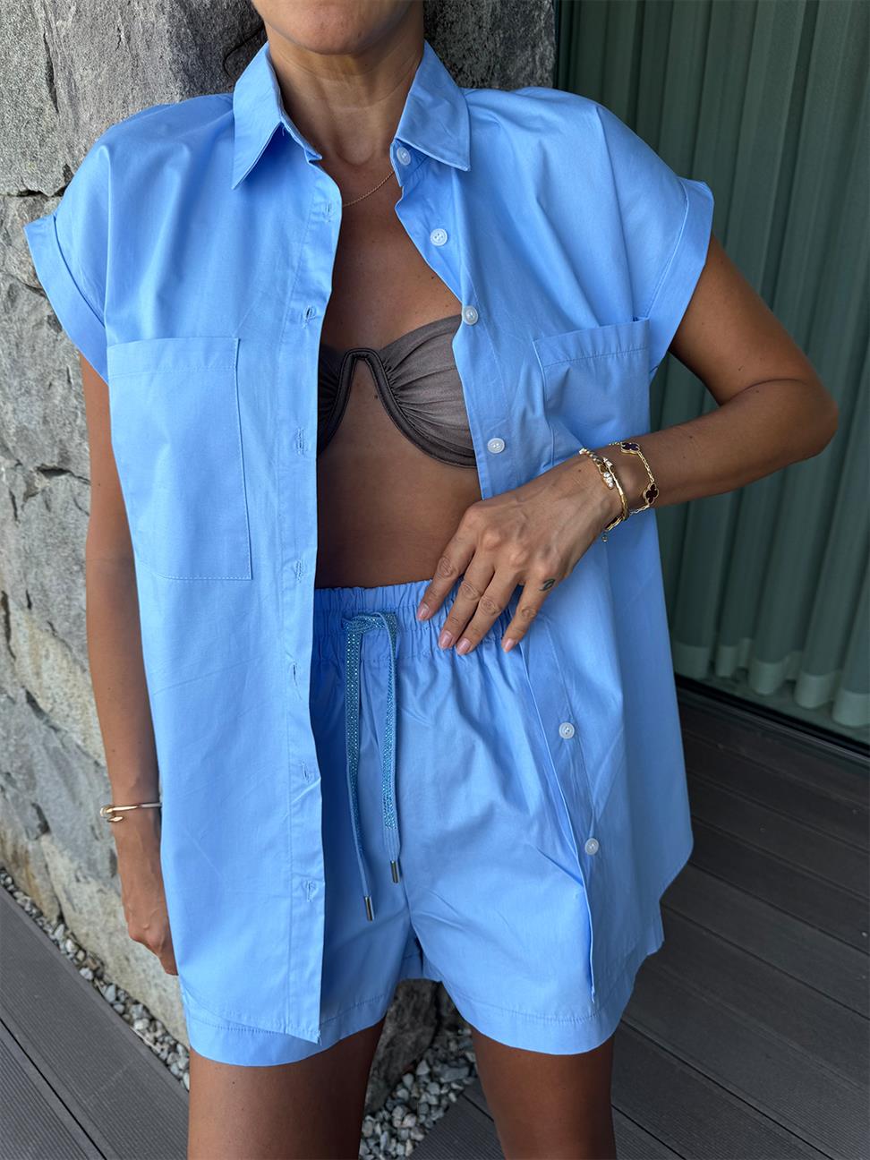 Mavi Taşlı Kuşak Şort Takım