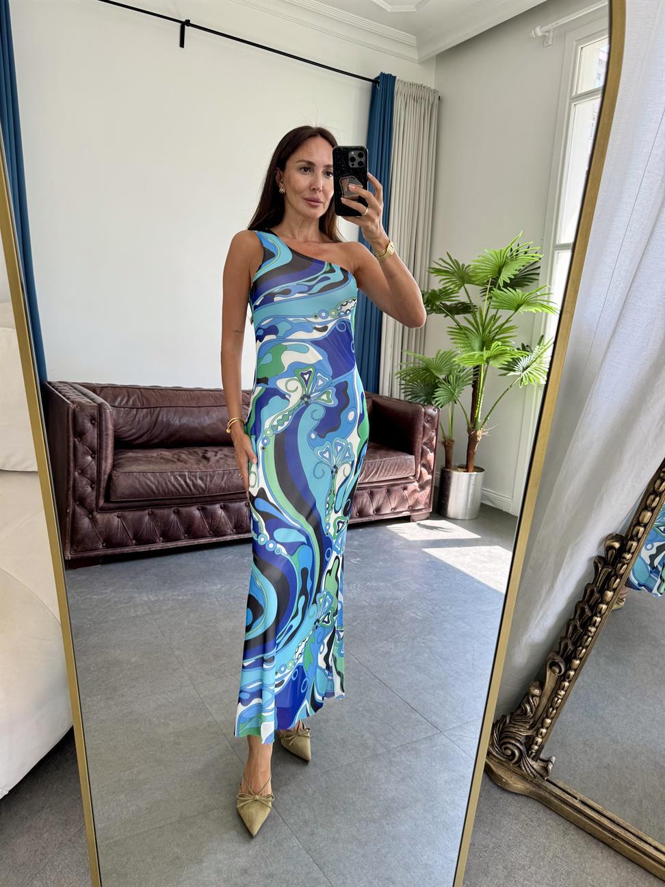 Mavi Tek Kol Desenli Şifon Elbise