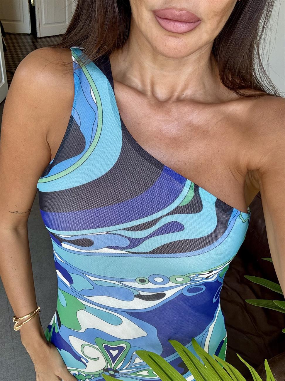 Mavi Tek Kol Desenli Şifon Elbise