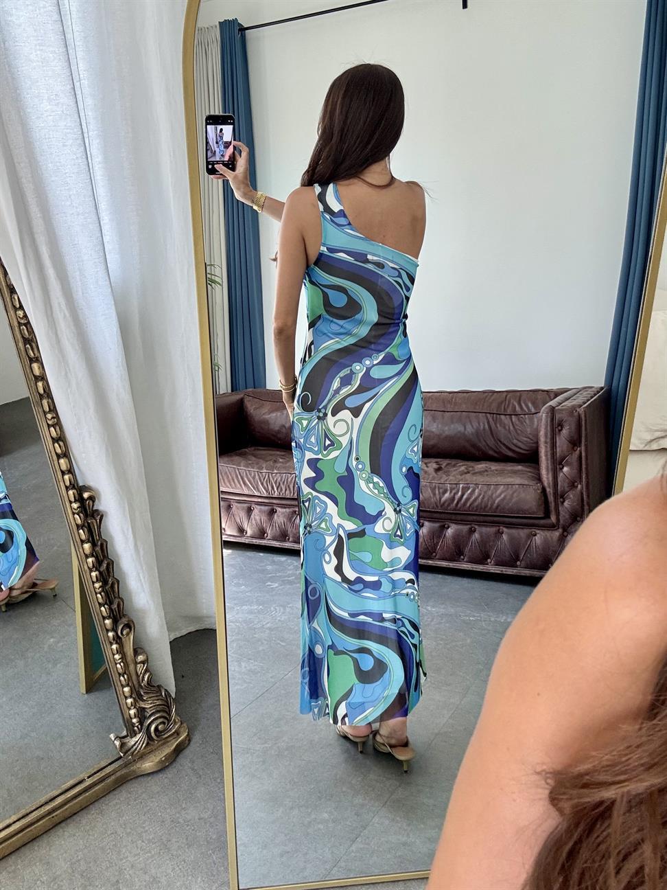 Mavi Tek Kol Desenli Şifon Elbise