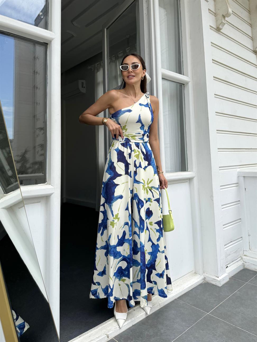 Mavi Tek Omuz Desenli Tulum