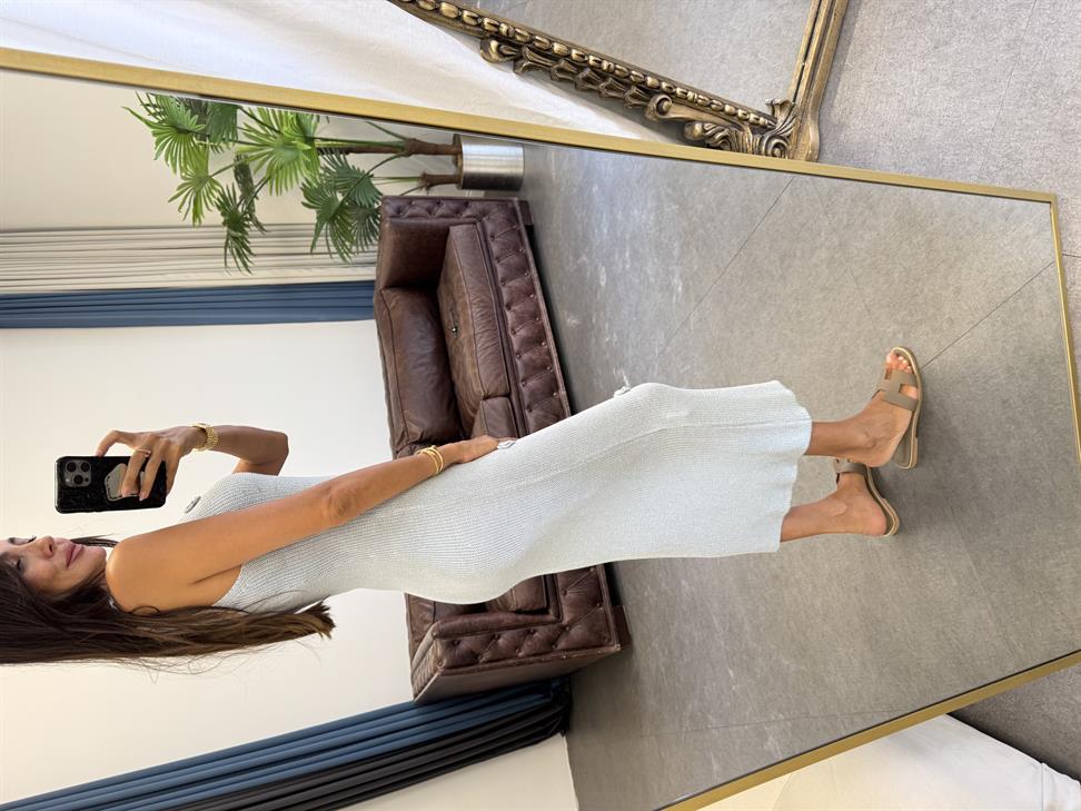 Mavi Triko Çiçek Motifli Elbise