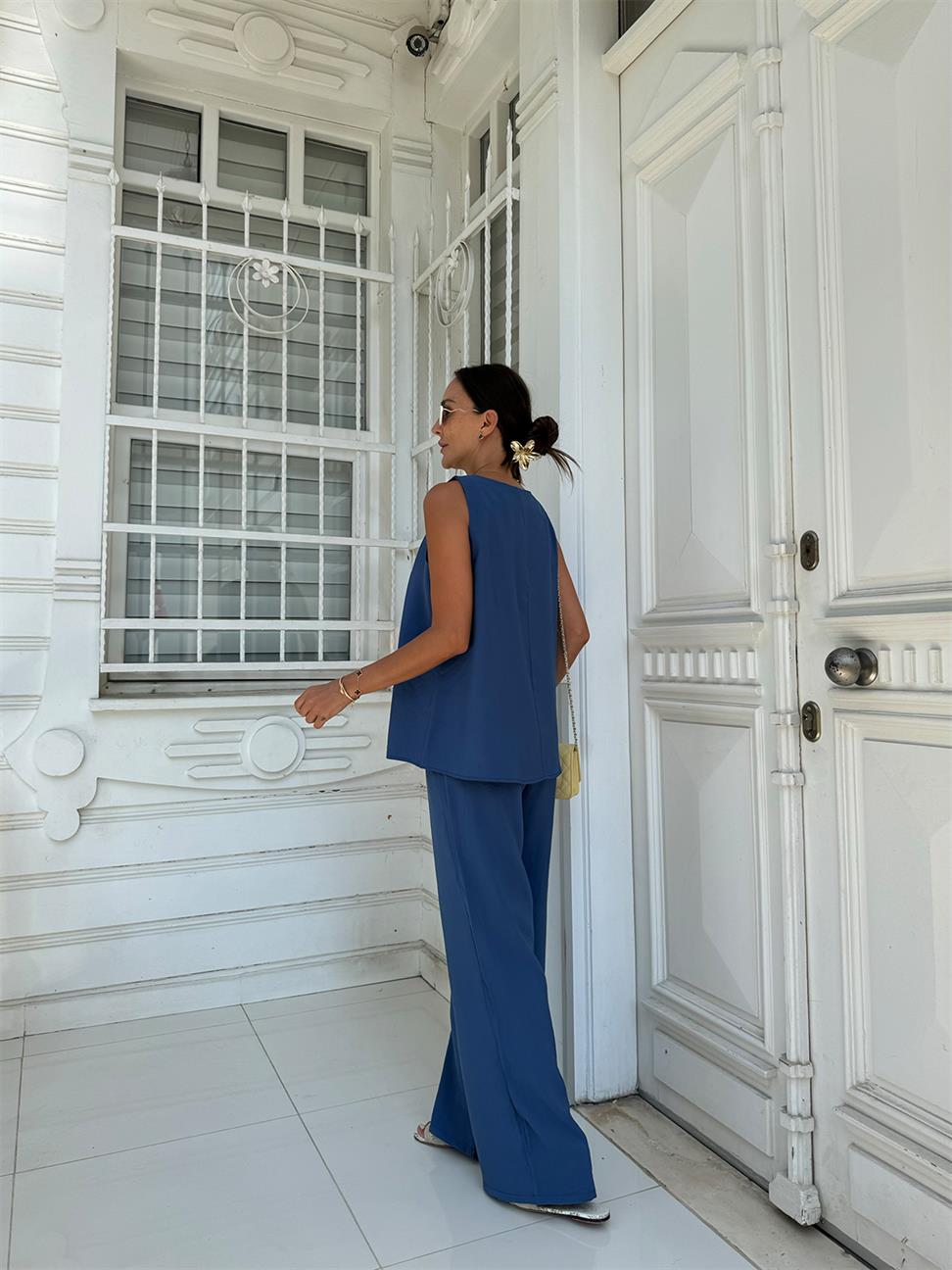 Mavi V Yaka Modal Pantolon Takım