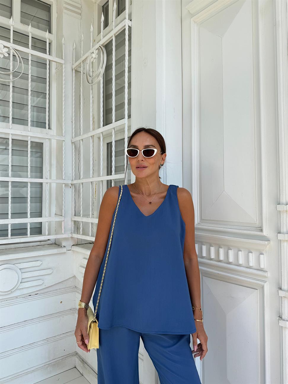 Mavi V Yaka Modal Pantolon Takım