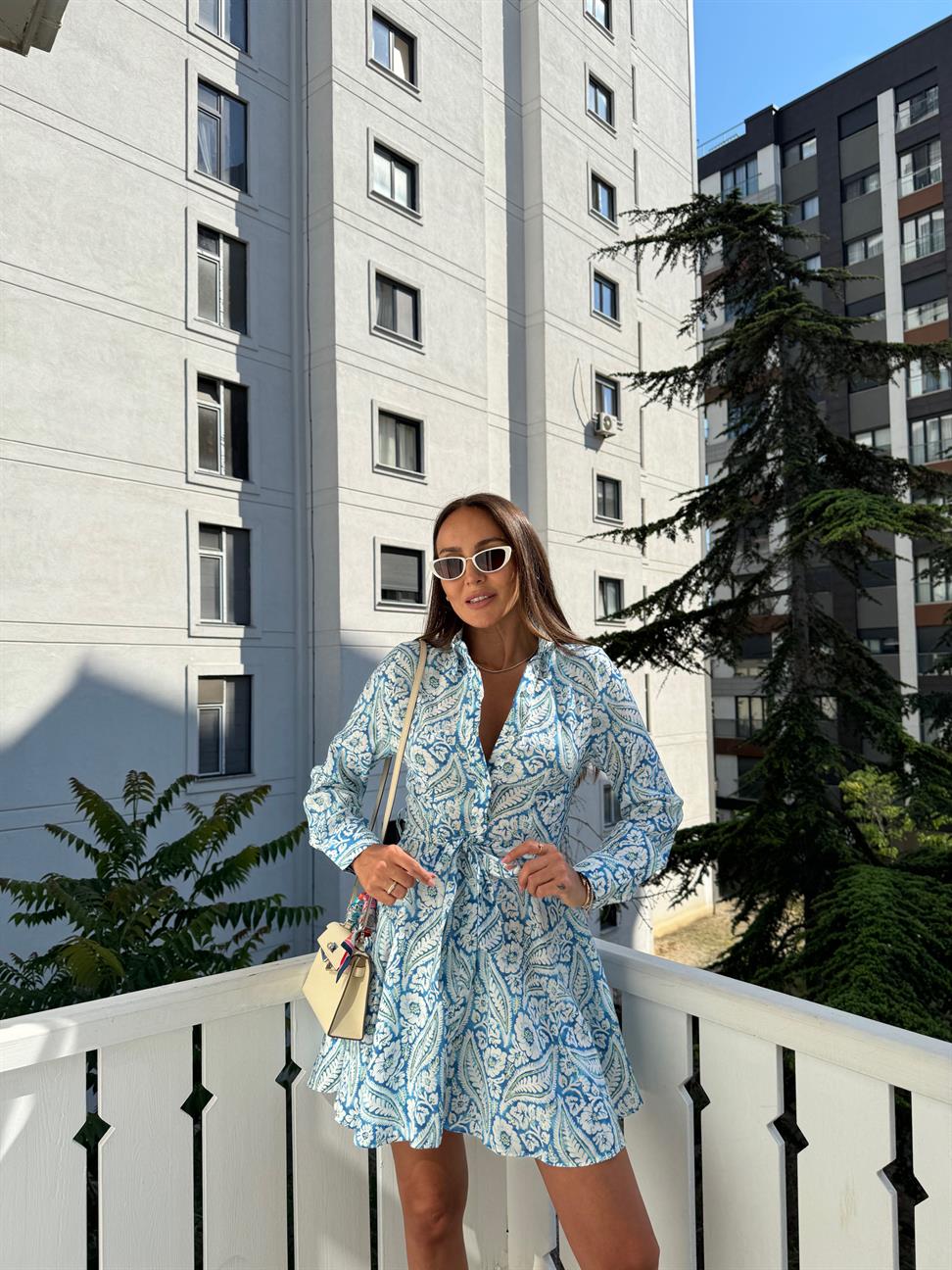 Mavi Volanlı Gömlek Elbise