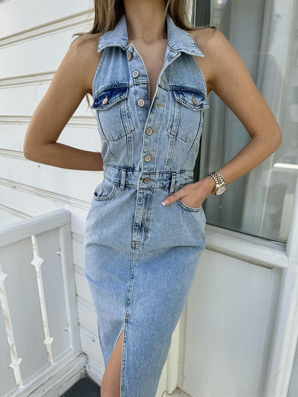 Mavi Yıkamalı Kot Elbise