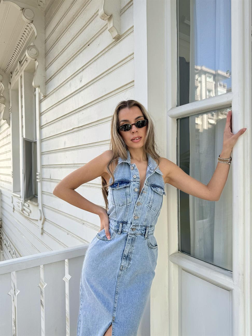 Mavi Yıkamalı Kot Elbise