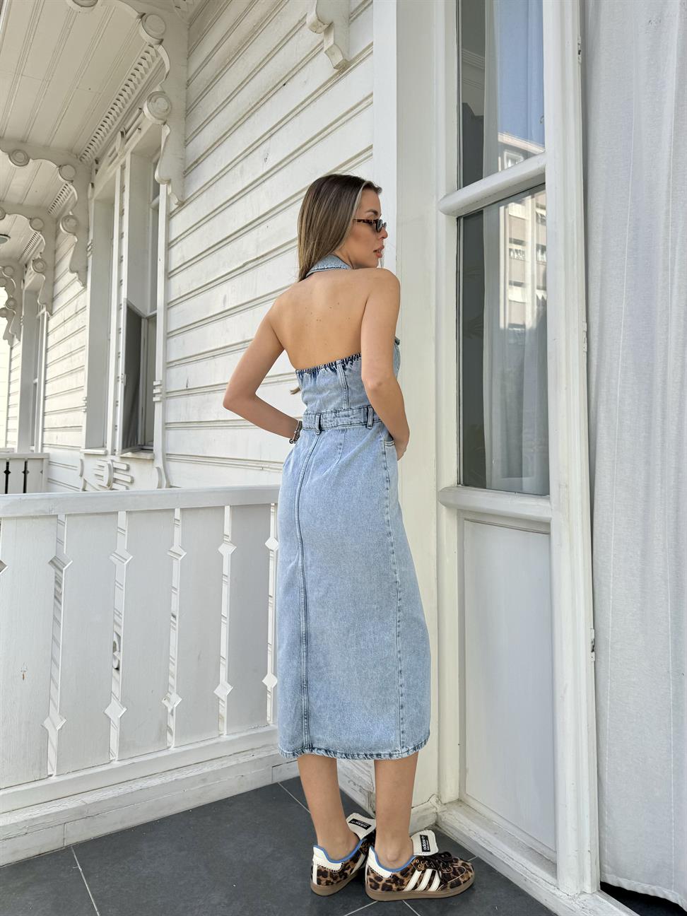 Mavi Yıkamalı Kot Elbise