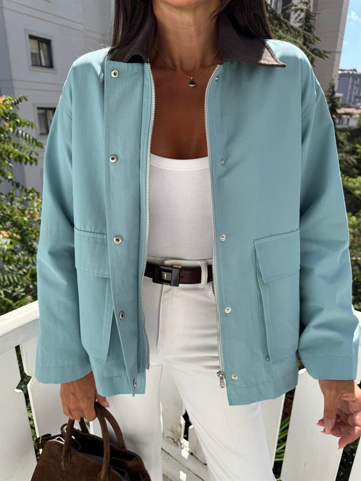 Mint Yeşil 2 Cepli Yakalı Ceket