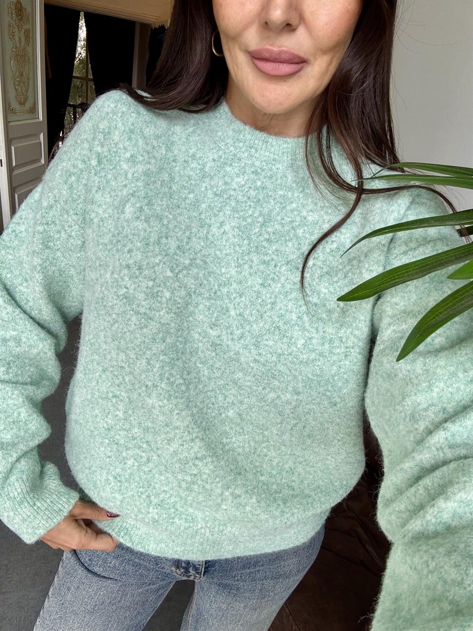 Mint Yeşil Bisiklet Yaka Yumuşak Dokulu Triko Kazak