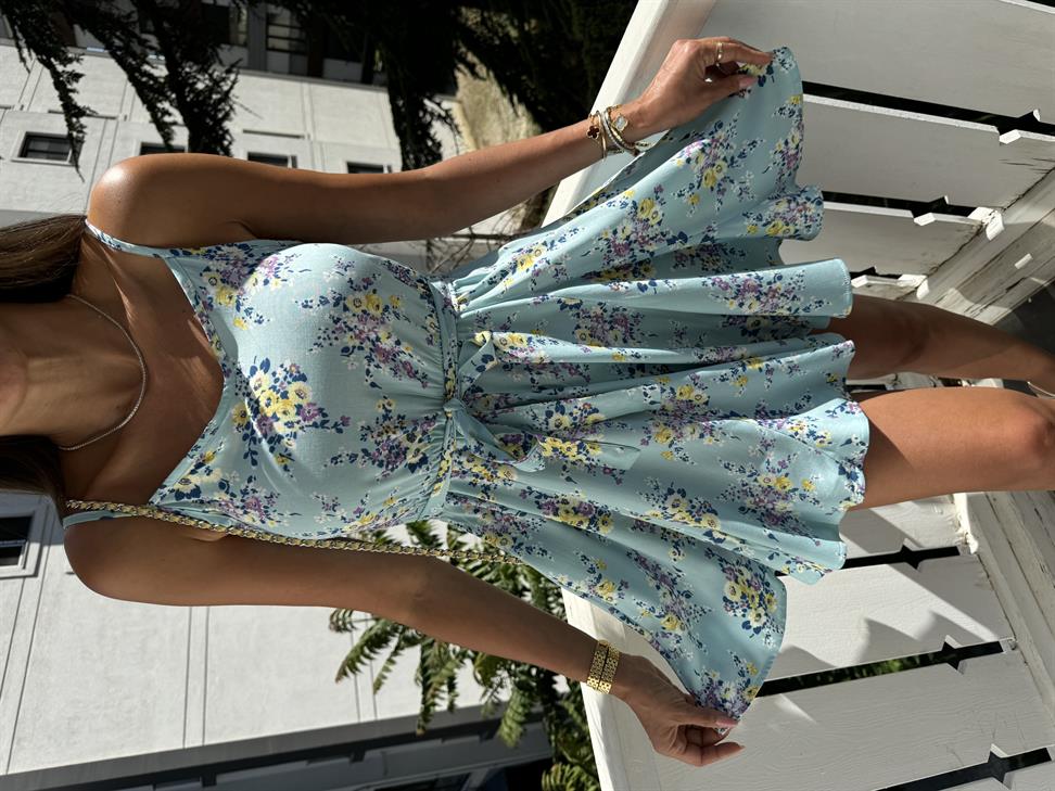 Mint Yeşil Çiçekli Kuşaklı Mini Elbise