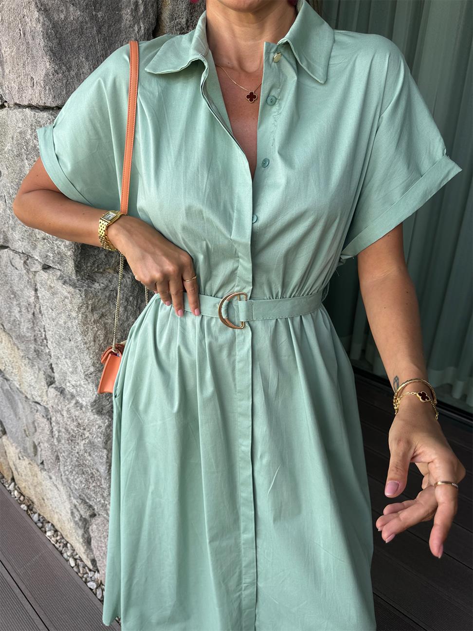 Mint Yeşil Gömlek Yaka Kemerli Midi Boy Elbise
