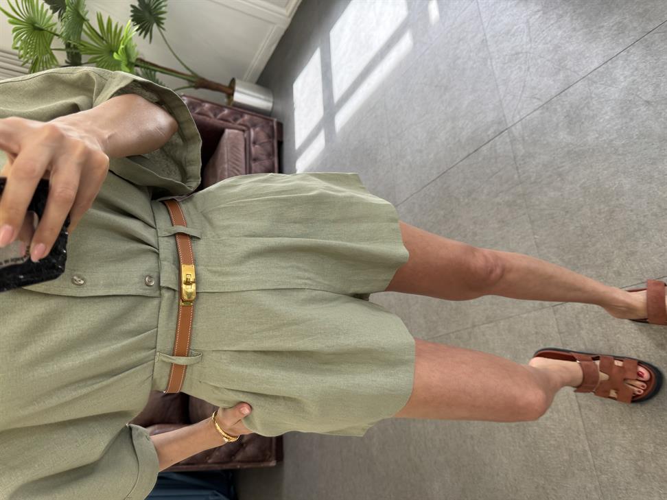 Mint Yeşil Hasır Kemerli Gömlek Şort Takım