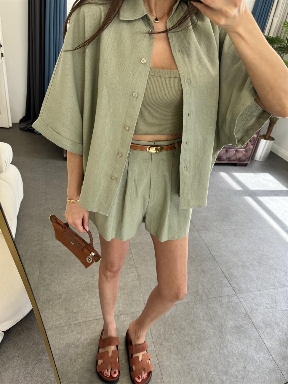 Mint Yeşil Hasır Kemerli Gömlek Şort Takım