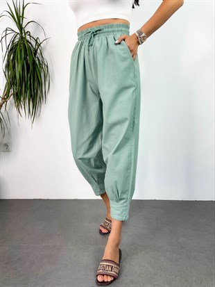 Mint Yeşil Paçası Pensli Bol Kesim  Beli Lastikli Pantolon