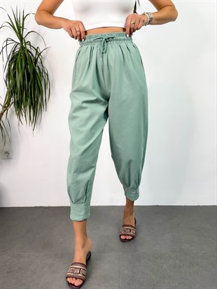 Mint Yeşil Paçası Pensli Bol Kesim  Beli Lastikli Pantolon
